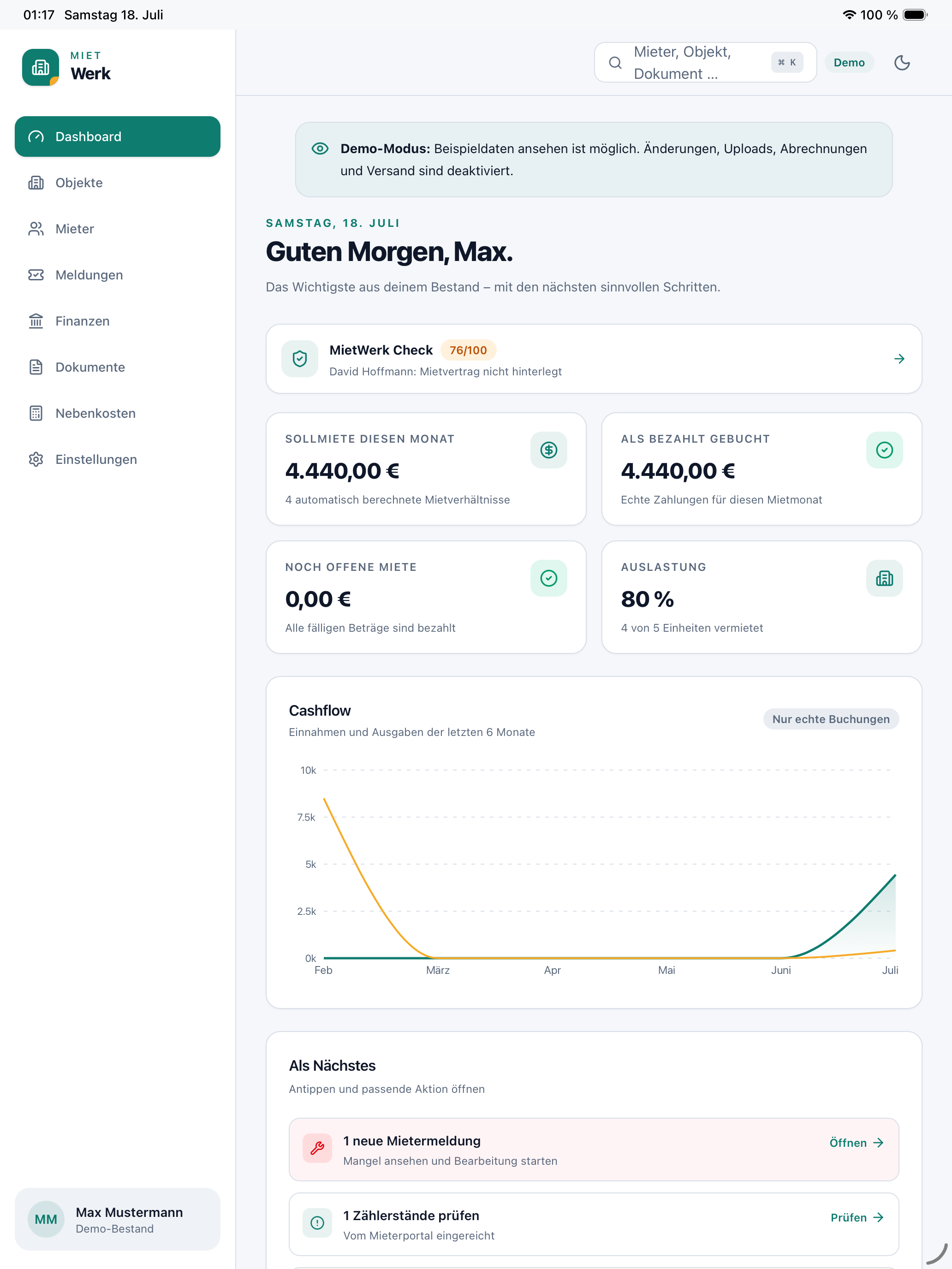MietWerk Dashboard für die Mietverwaltung am Desktop