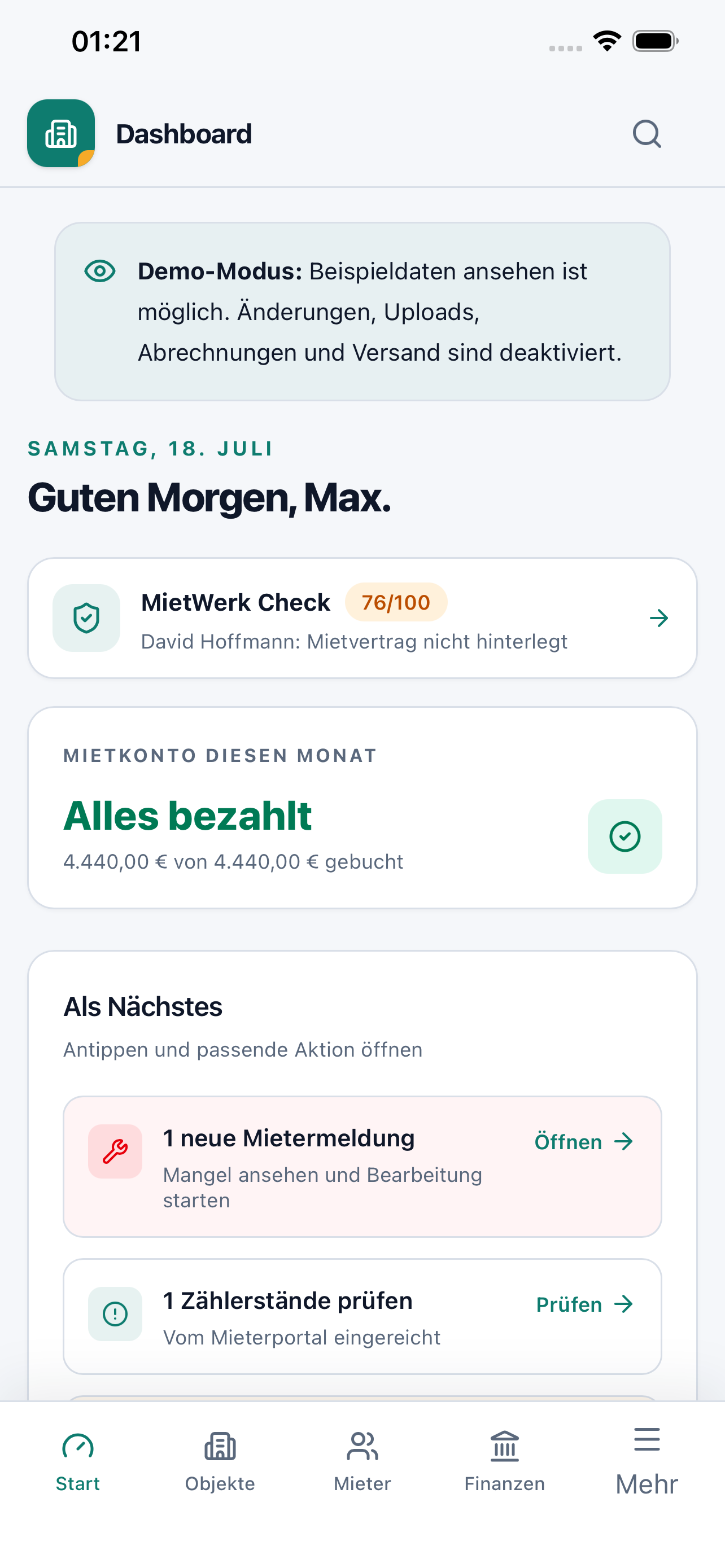 MietWerk Dashboard mit Zahlungen und nächsten Aufgaben